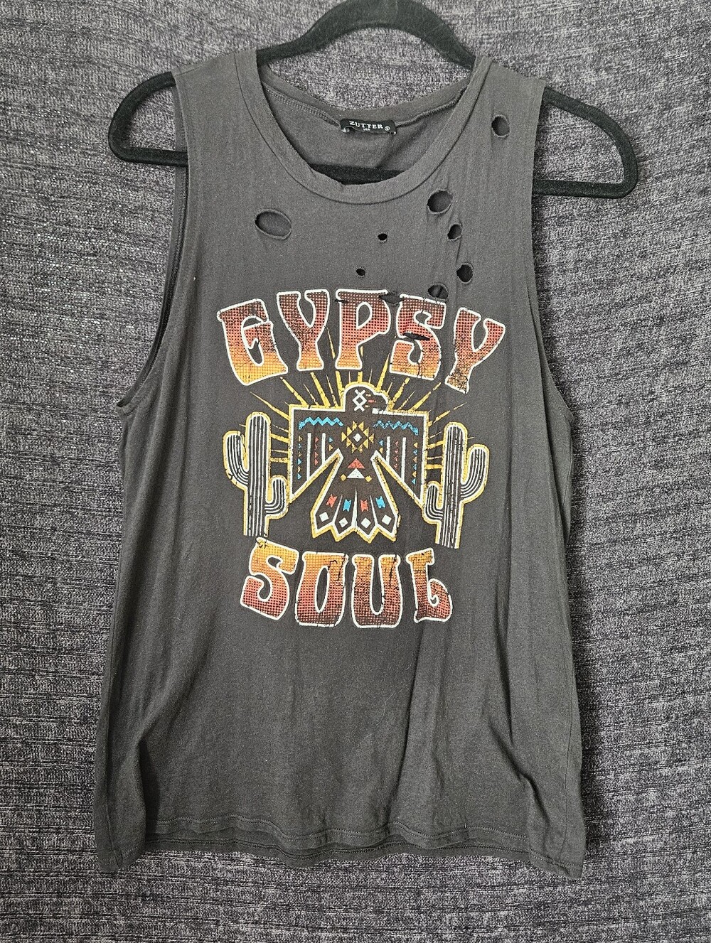 Zutter Gypsy Soul Distressed Tanknatop Shirt Black Southwestern Graphic Sz Small